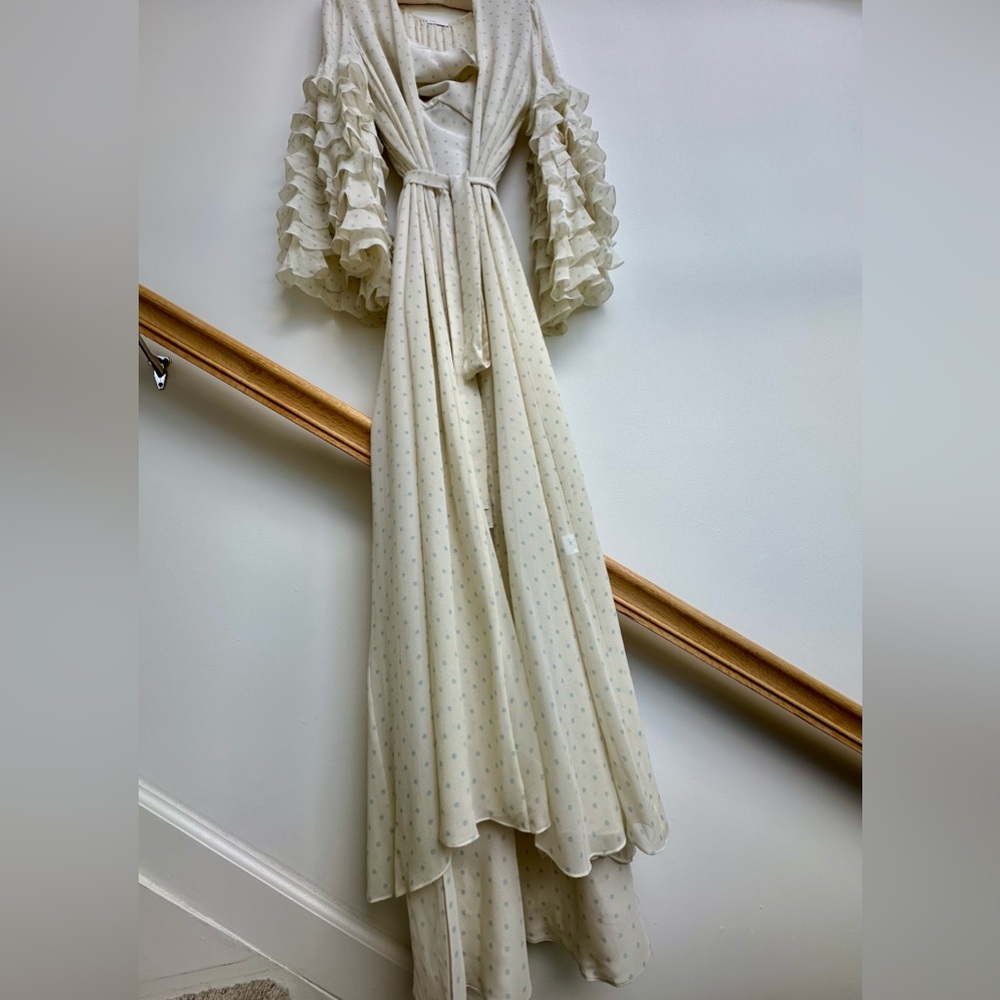 Rosamosario Peignoir & Robe Set 100% Silk Painted Blue Dots Ruffle Sleeve Robe
